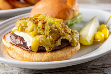 A closeup view of an open face green hatch chile cheeseburger on a plate.