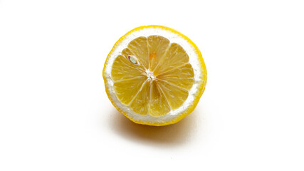 Front view of a half cut fresh yellow lemon on a isolated white background.