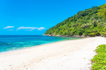 Fototapeta na wymiar Beautiful tropical beach sea ocean with coconut and other tree around white cloud on blue sky