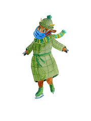 watercolor illustration of a сow in medical mask on skates and in winter clothes. Symbol of the year 2021. Illustration for a postcard.