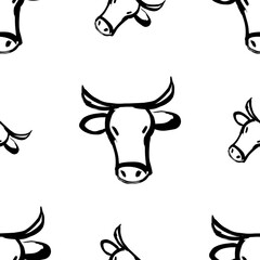 llustration of a bull head. Ox on a white background. Chinese symbol of new year 2021. Lunar New Year. Drawing abstraction bull. seamless pattern