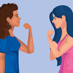 Fototapeta premium women empowerment with women cartoons from side doing muscle sign design of female power feminism and rights theme Vector illustration
