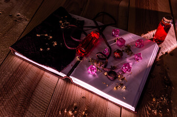 Pink and red role playing dice on top of a leather bound note pad. Two glass bottles with red liquid on a wooden table