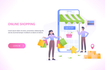 Online shopping concept. Man and woman ordering with mobile shopping app, buying from online store through smartphone, vector illustration