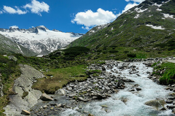 Fototapeta na wymiar Panoramic view on huge glacier in Maltal region in Austrian Alps. The valley below it flourishing with green and freshness., small torrent in the middle. Summer in the mountains. Serenity and solitude