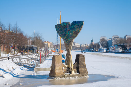 TURKU, FINLAND - FEBRUARY 23, 2018: Fountain "Harmony" on a frosty February day
