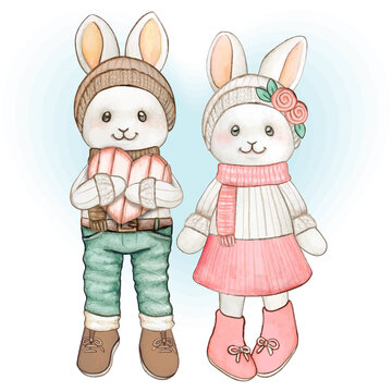 Cute watercolor pastel bunnies valentine greetings