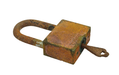 Padlock and key isolated on white background.rust.Corrosive Rust on old iron.Use as illustration...