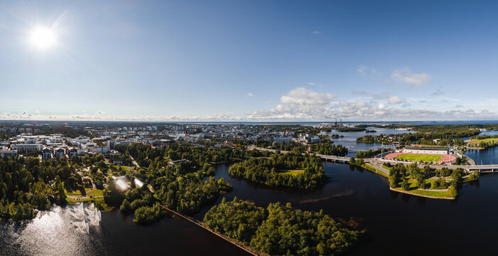 Panoramic view of city of Oulu in Finland seen from the air on a sunny day