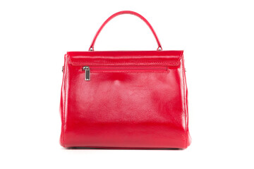 red stylish ladies leather bag on a white background, back view