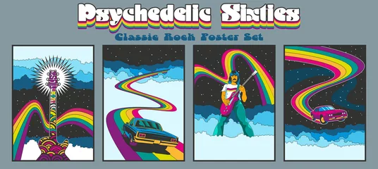 Fotobehang 1960s Rock Music Posters, Album Covers Stylization, Guitarist, Muscle Car, Guitar, Rainbows and Skies © koyash07