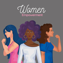 women empowerment with women cartoons from side doing muscle sign design of female power feminism and rights theme Vector illustration