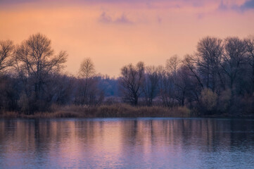 Fototapeta na wymiar Island on the river in winter. Cold sunrise