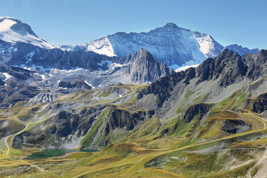 View of Grande Casse peak (3855m) and other mountains from Aiguille Percee, France