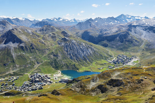 View of Tignes, Tignes lake and Val d'Iisere, France