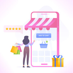 Online shopping concept. Woman ordering with mobile shopping app, buying from online store through smartphone, vector illustration