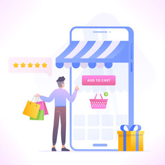 Online shopping concept. Man ordering with mobile shopping app, buying from online store through smartphone, vector illustration