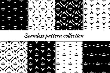 Diamonds, rhombuses, lozenges, triangles, shapes seamless patterns collection. Folk prints. Ethnic ornaments set. Tribal wallpapers kit. Geometrical abstract backgrounds. Retro motif. Vectors bundle.