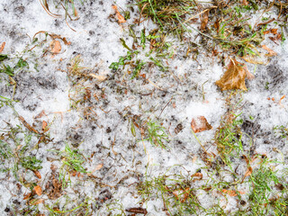 top view of ice-covered frozen city lawn after freezing rain on cold autumn day