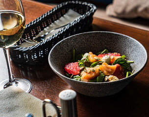Buddha bowl with shrimps and fish