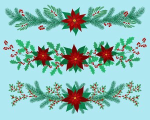 vibrant vector illustration of Christmas garlands with poinsettia_fir branches_mistletoe_holly and berries