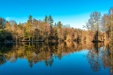 The Muehlenteich lake at castle Dammsmuehle on a bright winter day