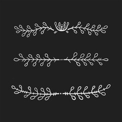 A set of delimiter lines for text decoration. Design elements in doodle style. Natural style, branches, plants. White chalk outline on a black background.
