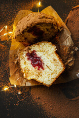 Homemade cutaway muffins on black background
