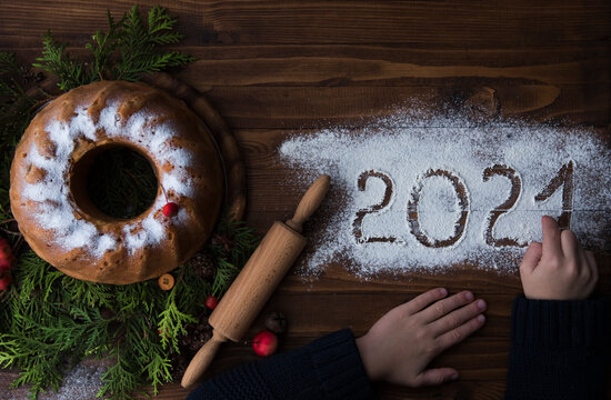 New Year Cake, Kids Hands, Decor, Rolling Pin And Flour For The Inscription 2021