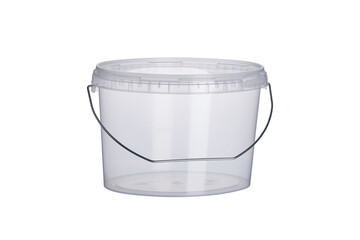 3000 ml transparent oval plastic bucket with transparent lid, plastic containers on white background, food plastic box isolated on white, product packaging for foodstuff or paints, adhesives, sealants