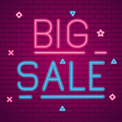 big sale neon design on bricks background, offer ecommerce shopping online theme Vector illustration