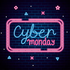 cyber monday neon design on bricks background, sale offer ecommerce shopping online theme Vector illustration