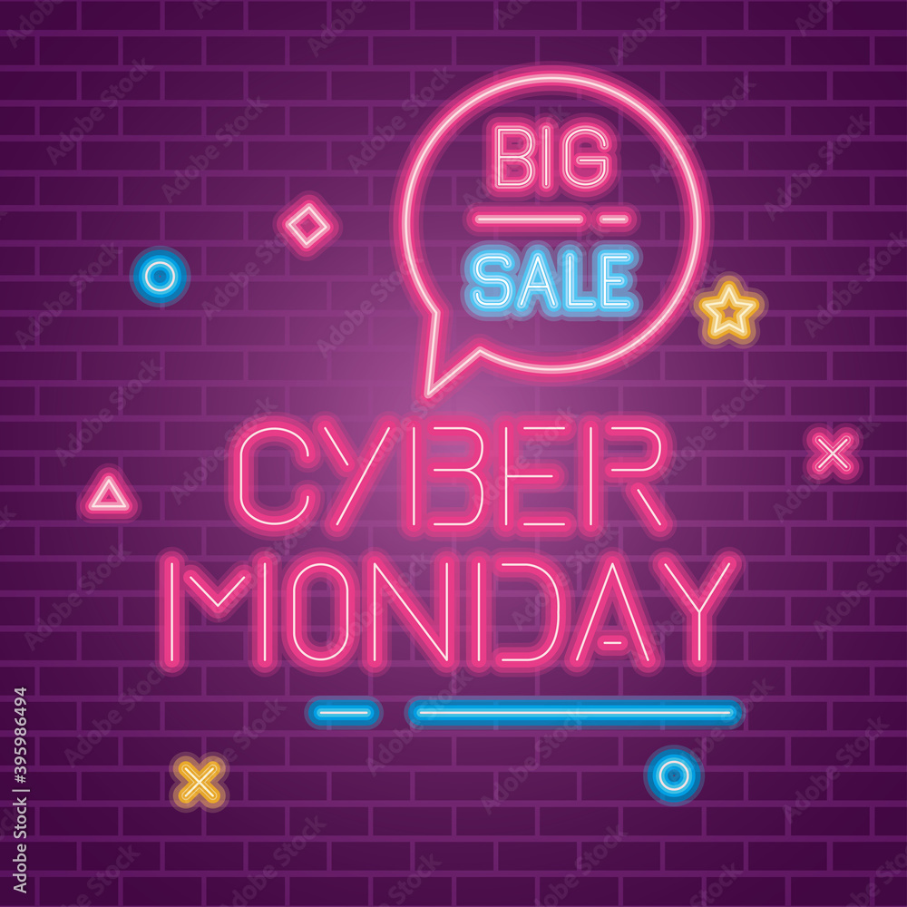 Poster cyber monday and big sale neon design on bricks background, offer ecommerce shopping online theme ve