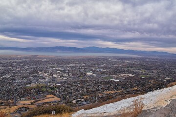 Slide Canyon views from hiking trail fall leaves mountain landscape, Y Trail, Provo Peak, Slate Canyon, Rock Canyon, Wasatch Rocky mountain Range, Utah, United States. 