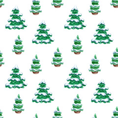 Seamless pattern of snow covered green fir trees. Christmas and New Year design. Hand drawn watercolor illustration on white background.