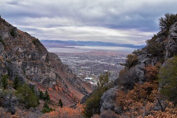 Fototapeta na wymiar Slide Canyon views from hiking trail fall leaves mountain landscape, Y Trail, Provo Peak, Slate Canyon, Rock Canyon, Wasatch Rocky mountain Range, Utah, United States. 