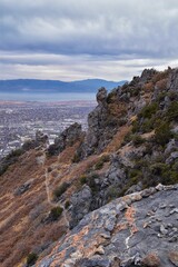 Slide Canyon views from hiking trail fall leaves mountain landscape, Y Trail, Provo Peak, Slate Canyon, Rock Canyon, Wasatch Rocky mountain Range, Utah, United States. 