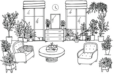 Coloring book with many colors in the living room with furniture. Vector illustration with a winter garden. Suitable for background, book, poster, game, creativity.