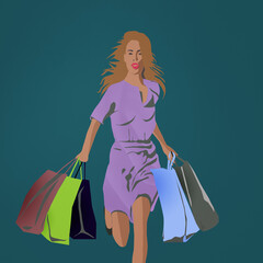 Ilustracja sylwetka młoda kobieta wracająca z zakupów niosąca dużo toreb	
 - obrazy, fototapety, plakaty