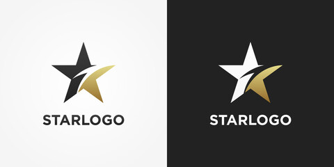 Obraz premium Gold Star Logo. Black and Gold Shape Star Icon isolated on Double Background. Usable for Business and Branding Logos. Flat Vector Logo Design Template Element.