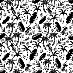 Palm trees, leaves, pineapples seamless pattern