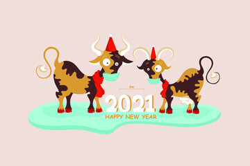 Cute cows with big eyes in a Santa Claus hat, symbol of 2021. Happy new year 2021.Bulls with protective masksFlat cartoon vector illustration 