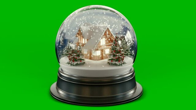 The Snow Globe with beautiful house model and Christmas tree inside it. Green screen 3d rendering animation of falling snow.