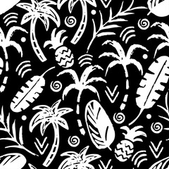 Palm trees, leaves, pineapples seamless pattern - 395991493