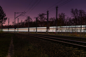 Light trails from a train, railroad tracks at night, Light Trails, Train, abstract, colorful