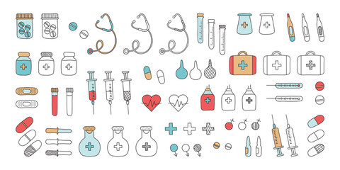 Medicine tool doodle vector icons. First aid kit, syringe and stethoscope, vial of medicine, pills, thermometers, medical plaster, pipette. Flat and outline design. Hand drawn illustration © Sylfida