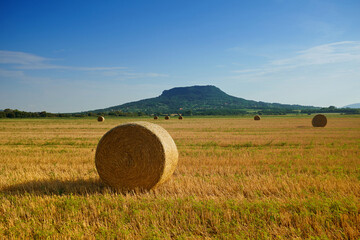 Badacsony mountain with straw bales in the foreground near to lake Balaton