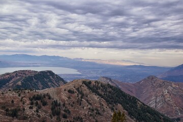 Provo Peak views from top mountain landscape scenes, by Provo, Slide Canyon, Slate Canyon and Rock Canyon, Wasatch Front Rocky Mountain Range, Utah. United States. 