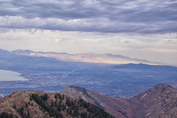 Provo Peak views from top mountain landscape scenes, by Provo, Slide Canyon, Slate Canyon and Rock Canyon, Wasatch Front Rocky Mountain Range, Utah. United States. 