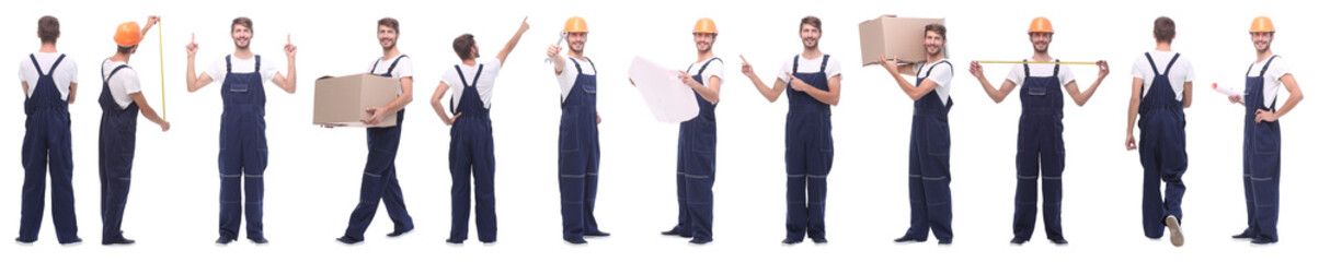 panoramic collage of male handyman isolated on white